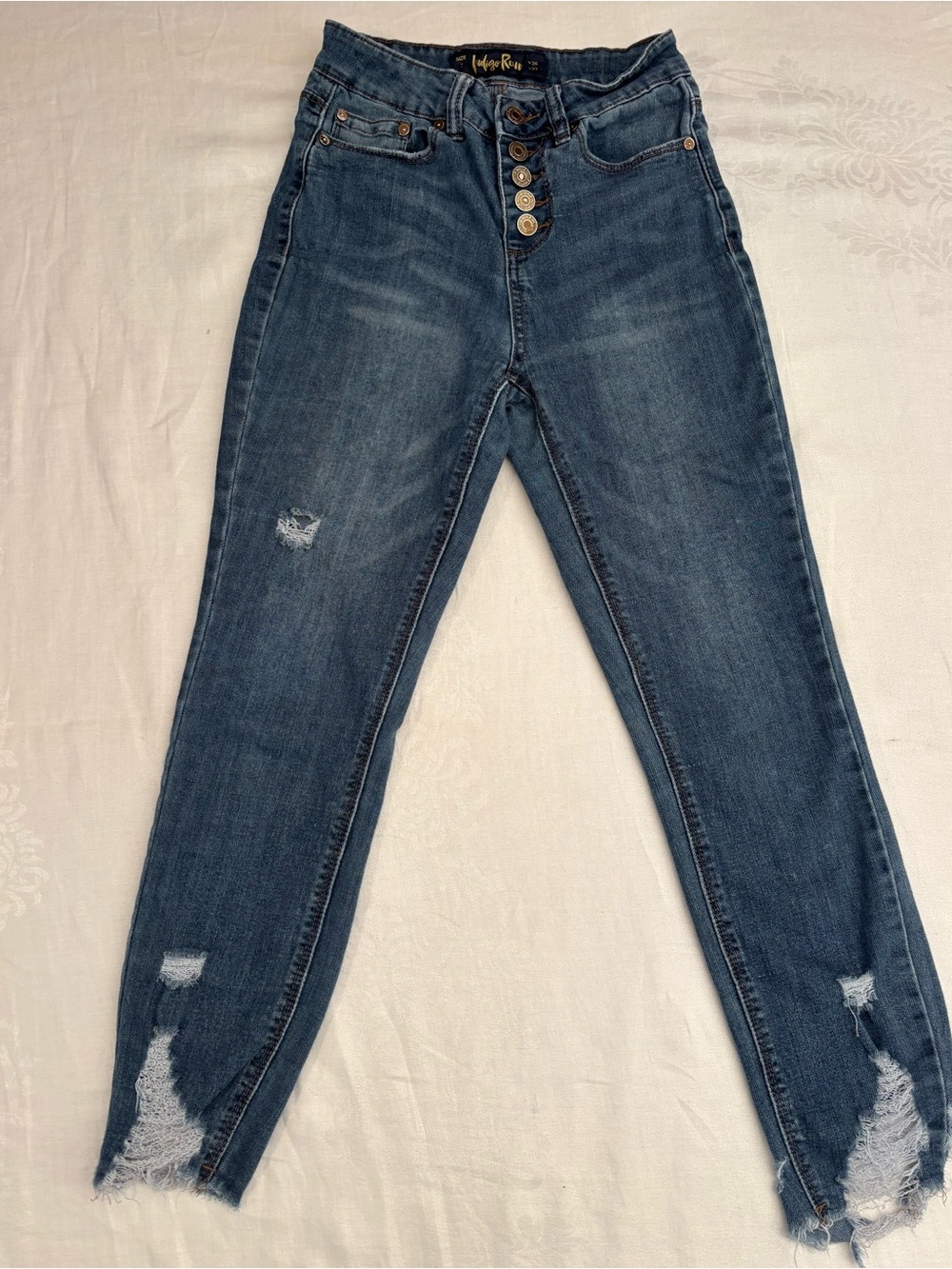 Indigo Rein Size 3 High Rise Distressed Skinny Jeans Button Fly Raw Hem W25
